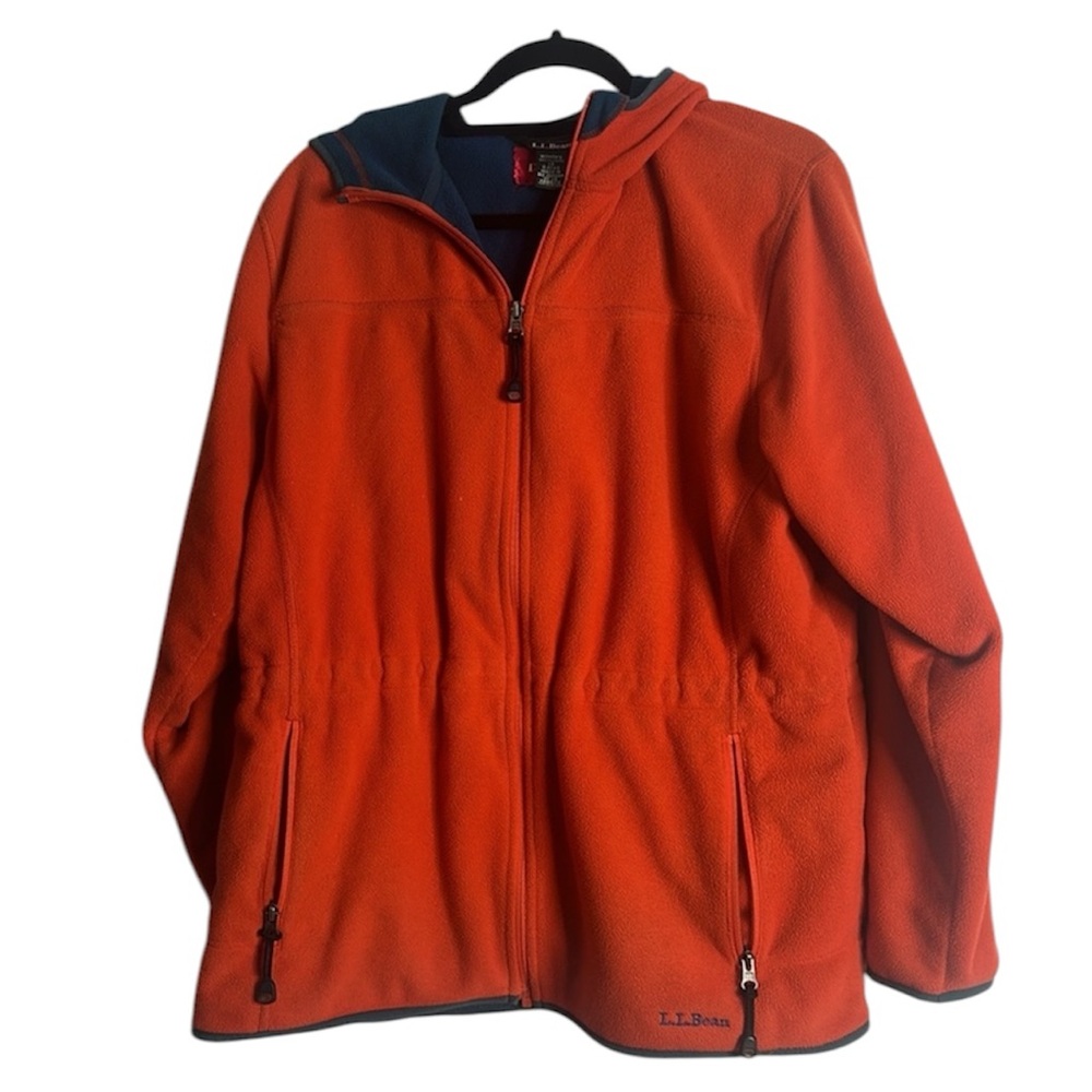 L LBean orange blue hooded zip up lightweight fleece jacket size L soft warm